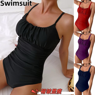 Amber外单性感女士连体泳衣大码 褶皱遮肚保守温泉速干泳衣带胸垫