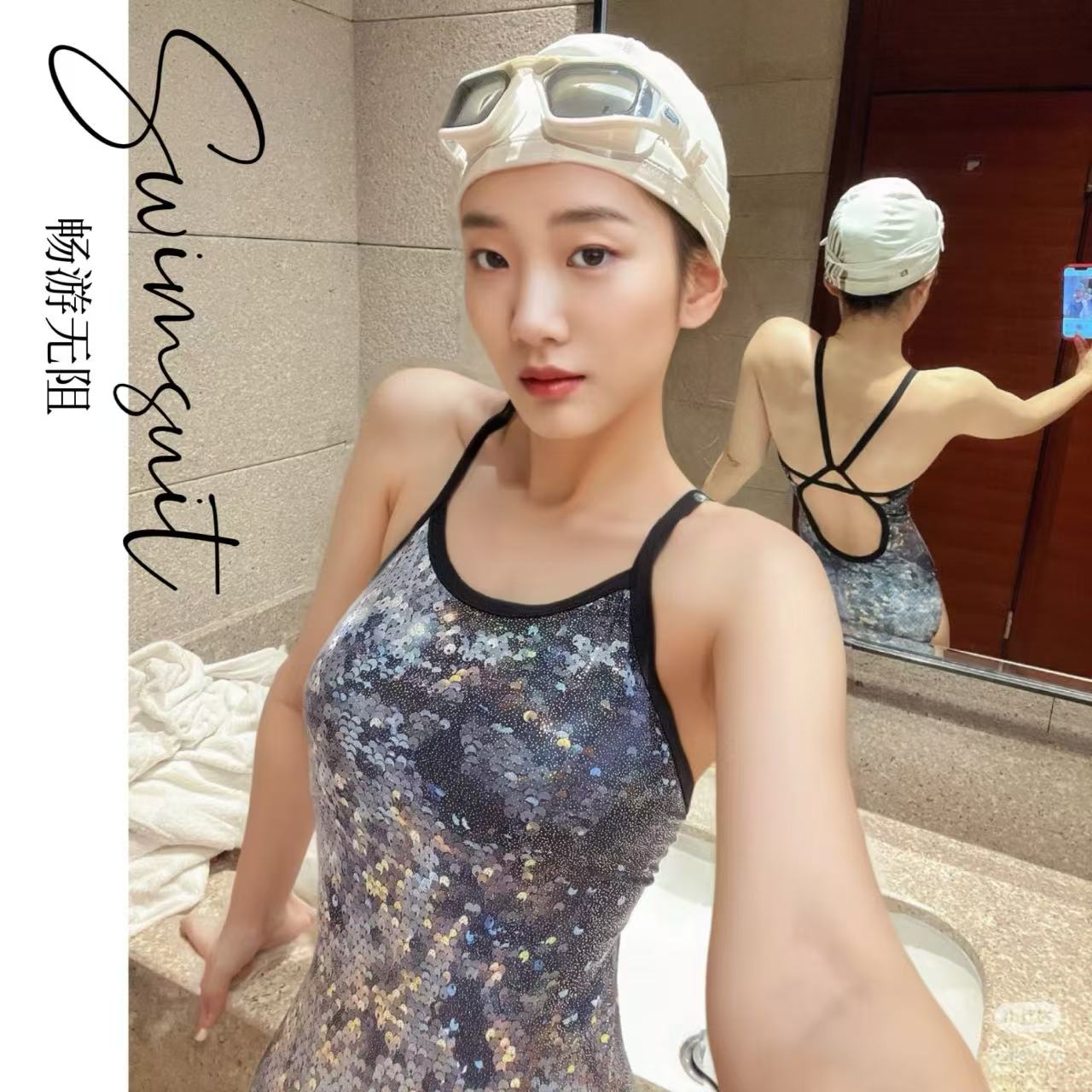 竞速连体泳衣专业训练假亮片印花