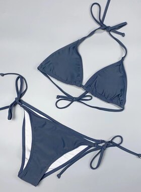 泳衣纯色挂脖系带性感三点式女士