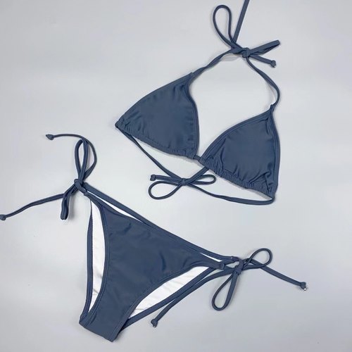 泳衣纯色挂脖系带性感三点式女士