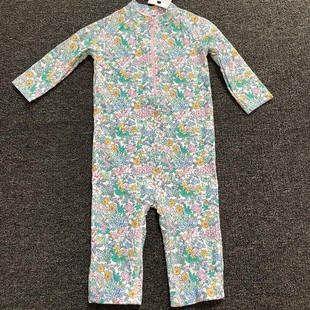 出口英单2 可爱碎花图案防晒户外沙滩 7岁女童平角连体游泳衣时尚