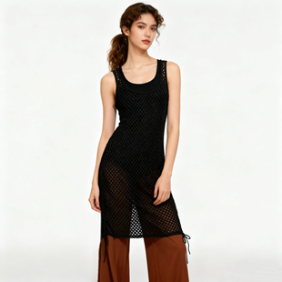 Amber外单女士度假风优雅气质镂空中长款 网眼背心裙泳衣外搭休闲