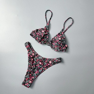 Amber带钢圈带胸垫游泳衣女士彩色碎花性感比基尼聚拢温泉带胸垫