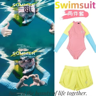 Amber泳衣女士连体保守防晒长袖 潜水冲浪带胸垫 专业竞速运动短裤