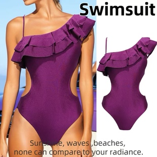 Amber外单高级感碎闪性感女士连体泳衣荷叶边吊带温泉度假带胸垫