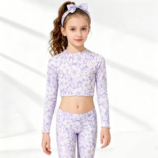 短款 个性 上衣小中大童无胸垫 防晒时尚 Amber外单女童分体泳衣长袖