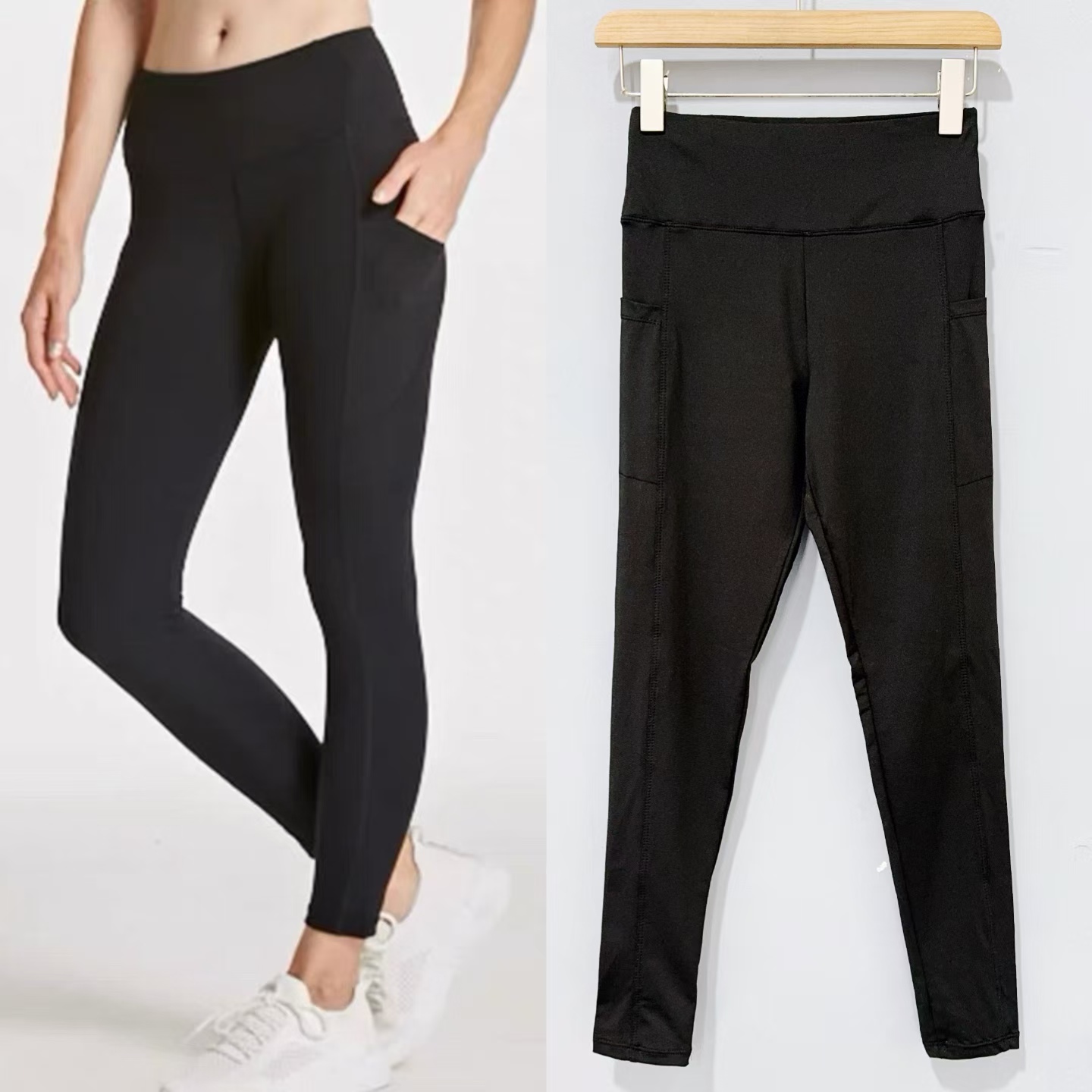 Amber外单女士可外穿紧身瑜伽健身运动户外跑步收腹纯黑显瘦打底