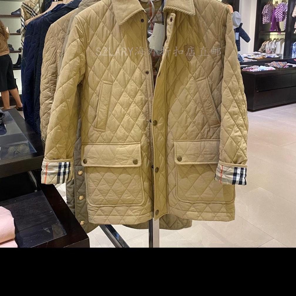 海外折扣店直邮单排扣长款连帽菱格棉服灯芯绒格纹外套女80979961
