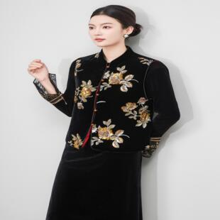 2513601 国风真丝丝绒棉服夹棉坎肩亮片刺绣加厚马甲外套女 新中式