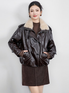 2516109-90白鸭绒保暖加厚复古裂纹皮环保毛短外套羽绒服女冬新款