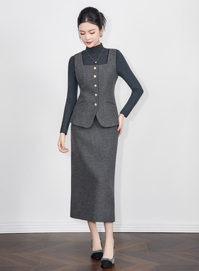 2516302-轻熟风毛呢气质马甲超弹针织打底+后开衩半裙三件套装女