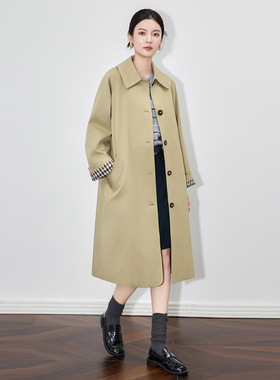 2512909-南油轻奢高货女装英伦格纹拼接翻领长款风衣外套宽松大衣