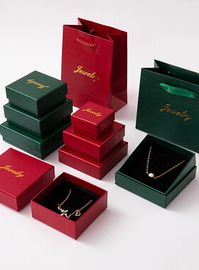 斜纹枣红墨绿色带Jewelry英文字首饰盒项链盒 饰品包装盒手提袋