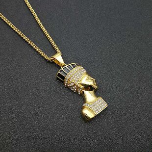 欧美潮牌个性百搭嘻哈HIPHOP饰品钛钢镀金水钻埃及法老王吊坠项链