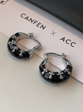 克家黑色滴釉十字架耳扣2025新款爆款高级感耳环中性朋克复古耳饰