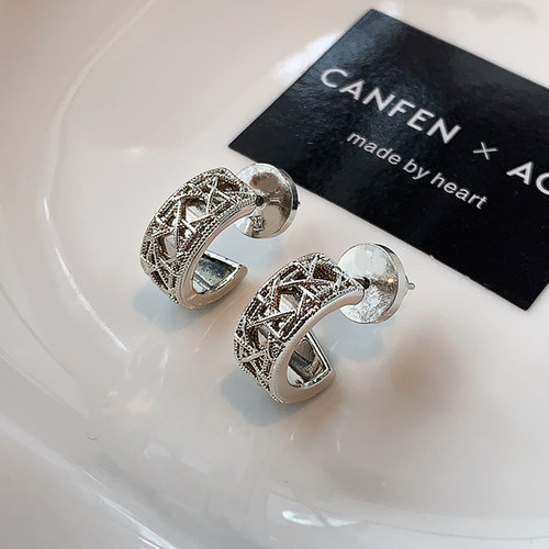 CANFEN欧美银色金属六角星星耳环