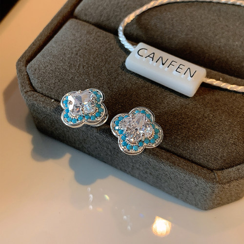 CANFEN清新松石爱心钻四叶草耳环