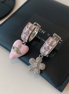 粉色滴釉土星耳环2025新款爆款高级感宽面耳扣西太后耳钉爱心耳坠