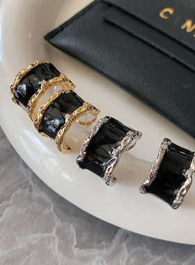 黑色宽面珐琅耳环2025新款爆款高级感耳饰轻奢朋克风金属C形耳钉