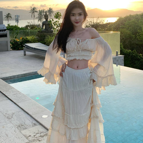 薇芯下单：199 薇芯：Zimei1521 生态棉仙女裙一字肩喇叭袖上衣