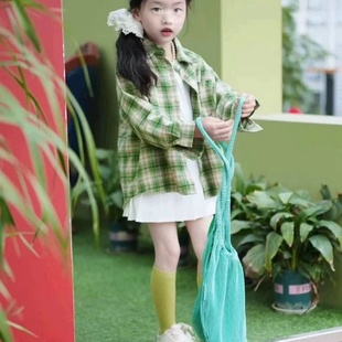 衬衫 外套休闲绿色格子长袖 洋气百褶裙潮 韩版 女童衬衣2026春秋新款