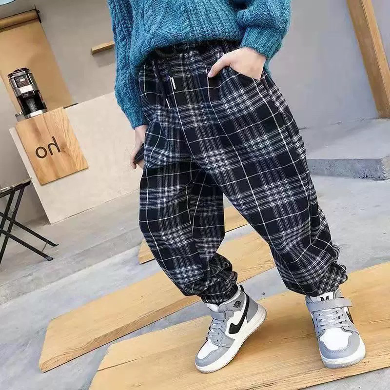 女童春秋纯棉裤子宝宝2026新款秋冬装格子裤男童运动裤休闲长裤潮