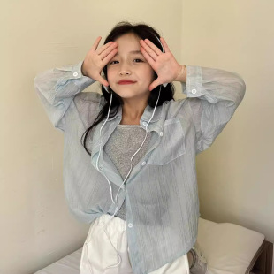 女童夏季衬衫26新款中大童暗条纹薄款防晒衣外套长袖洋气百搭衬衣