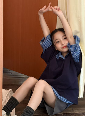 女童洋气时髦3件套格子衬衣裤子