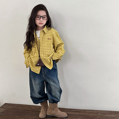 男女童洋气时髦黄格衬衣春秋亲子