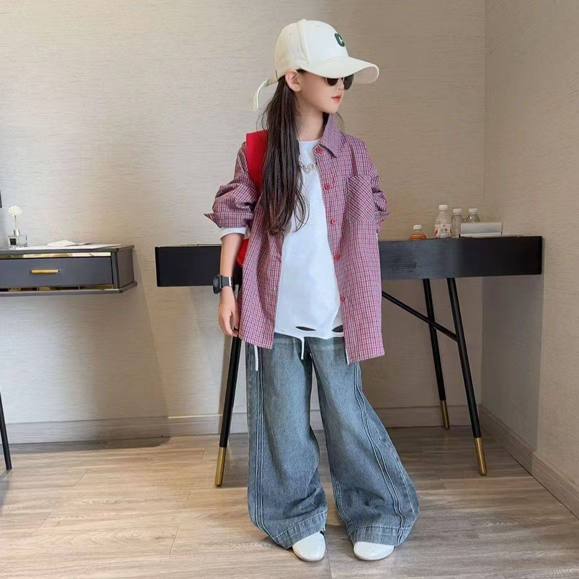 女童春季新款套装2026中大童洋气时髦格子衬衫外套百搭牛仔裤套装,童装/婴儿装/亲子装,儿童运动套装,淘宝优惠券,粉丝福利购,淘宝优惠卷