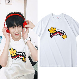 Tf家族四代左奇函同款衣服花朵鲨鱼印花T恤男女夏纯棉潮流短袖