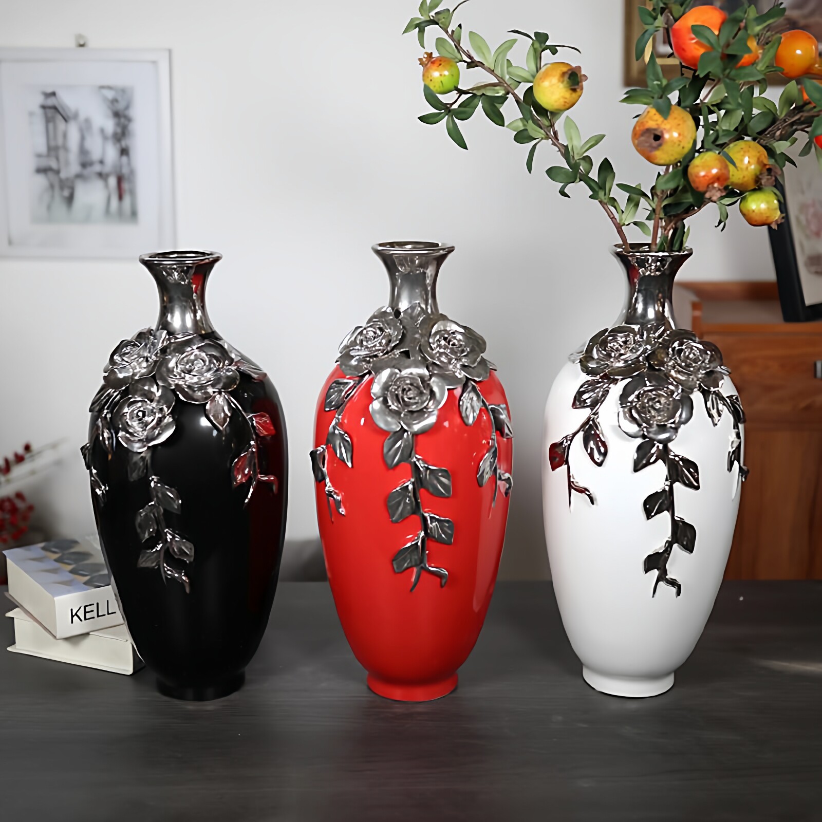红色陶瓷花瓶客厅插花新中式轻摆件奢高档高级感博古架电视柜花器