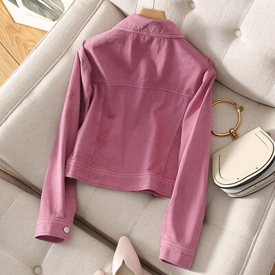短款粉色春秋牛仔亮色外套心情休闲2024新款韩版慵懒女装上衣