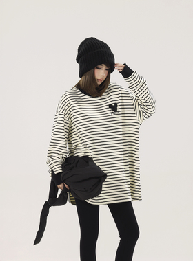 初代美希MEYSIKIM 打底衫女内搭2025新款条纹双面磨毛t恤长袖上衣