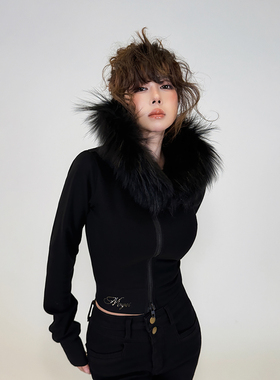 初代美希MEYSIKIM真毛领黑色外套女冬小个子高弹磨毛修身短款外套