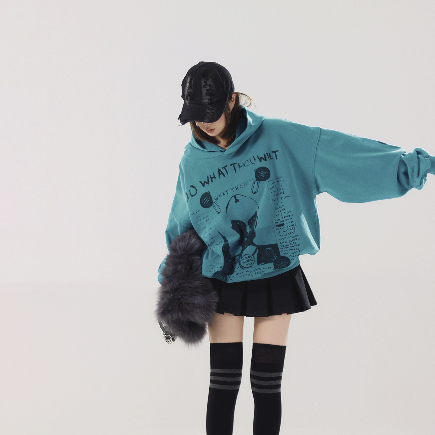 初代美希MEYSIKIM纯棉微弹白墨印花宽松连帽卫衣女款加厚2025新款