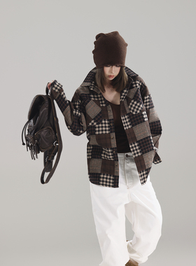 初代美希MEYSIKIM 衬衫女复古咖啡格子衬衣港风穿搭上衣 ME0652