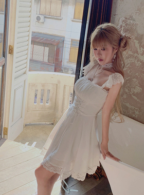 初代美希MEYSIKIM夏日绝美小裙子女装蕾丝边飞飞袖交叉绑带连衣裙