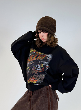 初代美希MEYSIKIM复古印花微弹卫衣女装2025新款加厚无帽黑色上衣