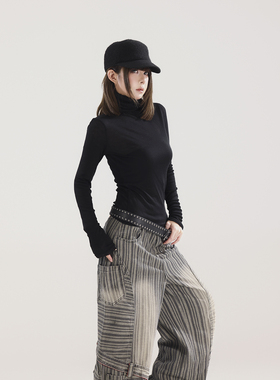 初代美希MEYSIKIM 黑色高领羊毛打底衫女长袖t恤天丝紧身内搭上衣