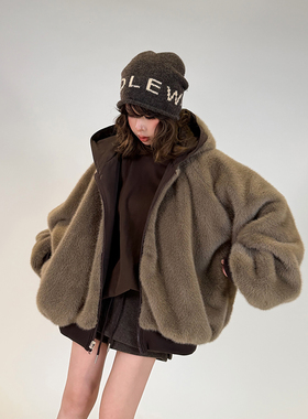 初代美希MEYSIKIM加绒加厚双面穿连帽外套女2025新款冬装毛毛外套