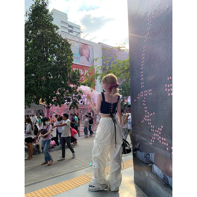 初代美希MEYSIKIM休闲裤女宽松大口袋高腰显瘦裤子褶皱翻边工装裤