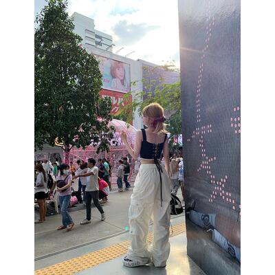 初代美希MEYSIKIM休闲裤女宽松大口袋高腰显瘦裤子褶皱翻边工装裤