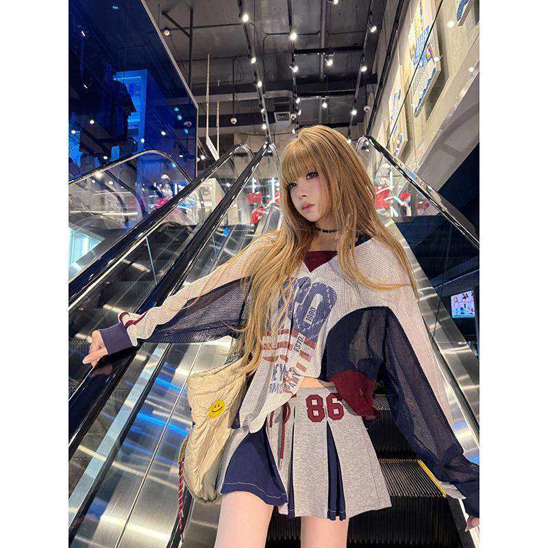 初代美希MEYSIKIM 美式复古春季上衣宽松休闲网洞球衣防晒衣t恤女