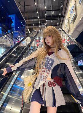 初代美希MEYSIKIM 美式复古春季上衣宽松休闲网洞球衣防晒衣t恤女
