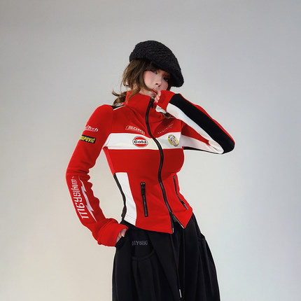 初代美希MEYSIKIM外套女2026新款春秋赛车服半高领双面磨毛机车服