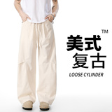 美式复古阔腿裤男宽松直筒休闲长裤卡其色垂感裤子CK26011-特P49，男装休闲裤，电商A076