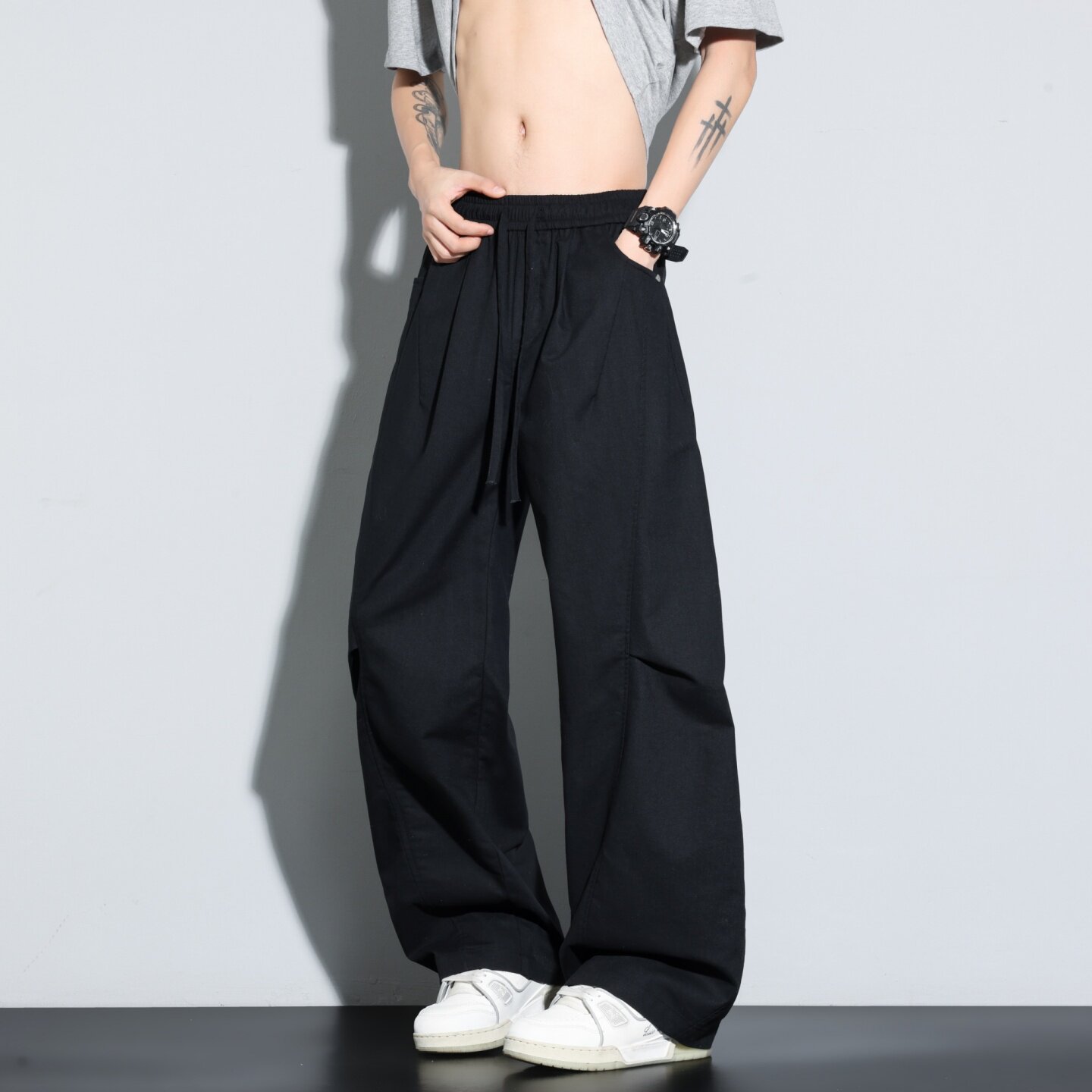美式复古风黑色阔腿裤男宽松直筒工装裤透气休闲长裤CK,男装工装外套,电商A076