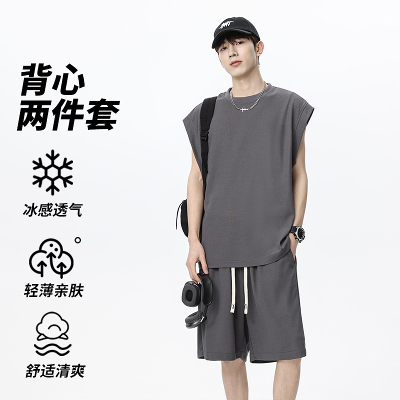 2025夏季新款男士无袖T恤套装宽松休闲背心运动两件套TZ2579特P47，男装休闲套装，电商A076