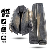 美式复古立领夹克套装男春季运动外套长裤百搭两件套2507-特P110，男装夹克，电商A076